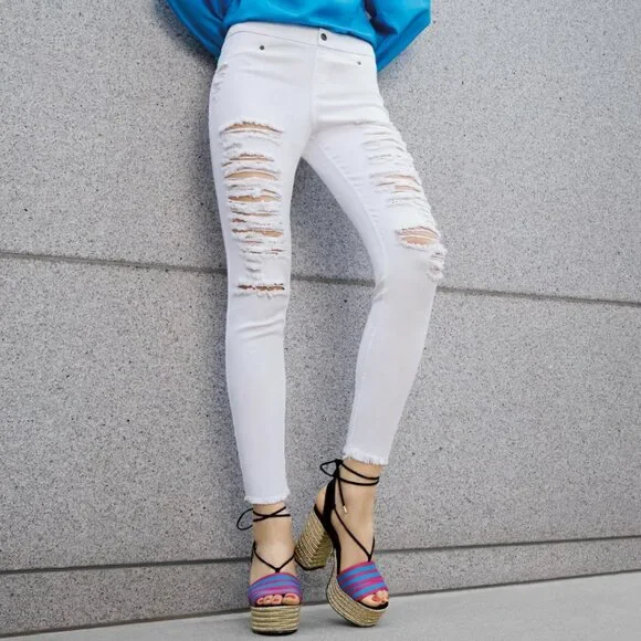 Zeza B by Hue Midnight Rinse Shredded Denim Skimmer Leggings Size Small ZL18066 - Picture 6 of 8